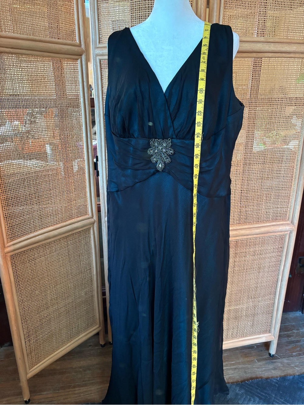 Jones New York Silk V-Neck Midi Dress with Decorative Brooch
